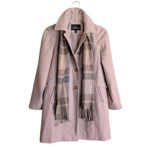 London Fog Oatmeal Heather Pea Coat Wool Blend Single Breasted W/Scarf Classic